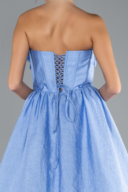Indigo Floral Strapless Collar Slit Long Prom Gown ABU4337
