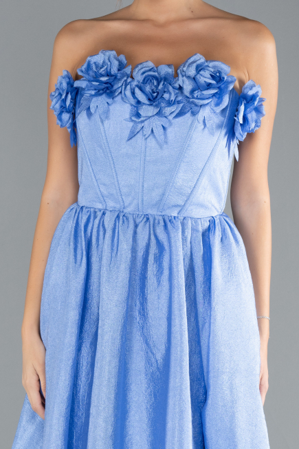 Indigo Floral Strapless Collar Slit Long Prom Gown ABU4337