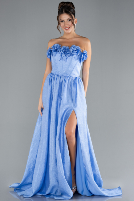 Indigo Floral Strapless Collar Slit Long Prom Gown ABU4337