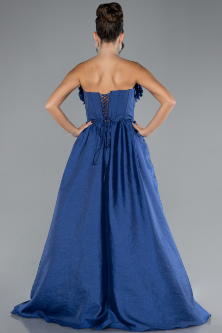 Navy Blue Floral Strapless Collar Slit Long Prom Gown ABU4337