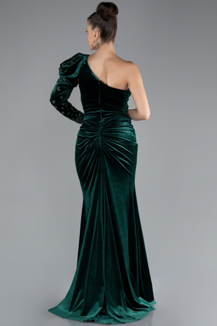 Emerald Green One Sleeve Slit Long Velvet Evening Dress ABU4338
