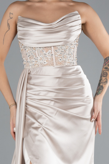 Beige Long Satin Evening Dress ABU4287