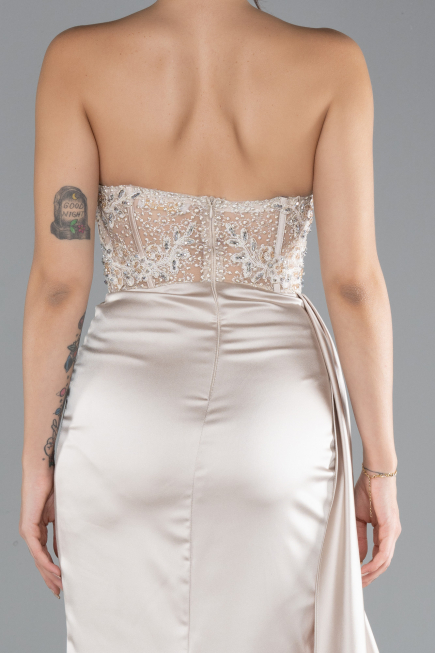 Beige Long Satin Evening Dress ABU4287