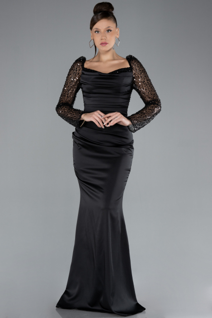 Black Sequin Long Sleeves Tail Satin Mermaid Evening Gown ABU4332