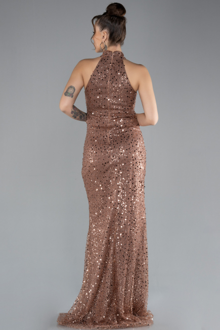 Copper Halter Neck Slit Long Scaly Evening Gown ABU4376