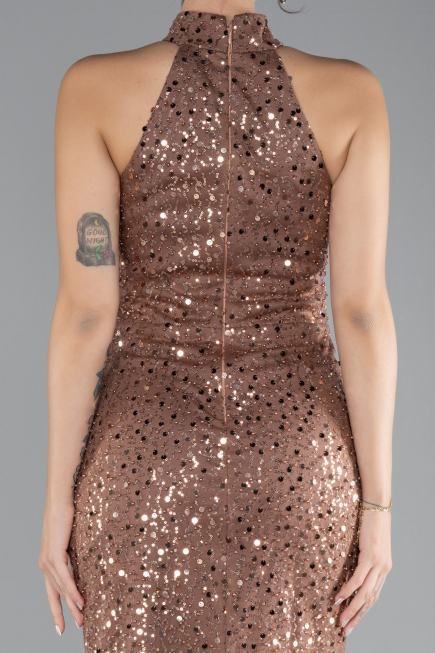 Copper Halter Neck Slit Long Scaly Evening Gown ABU4376