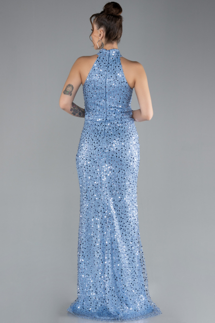 Indigo Halter Neck Slit Long Scaly Evening Gown ABU4376