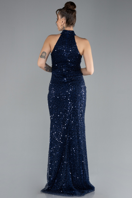 Navy Blue Halter Neck Slit Long Scaly Evening Gown ABU4376