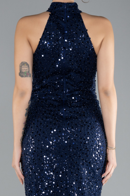 Navy Blue Halter Neck Slit Long Scaly Evening Gown ABU4376