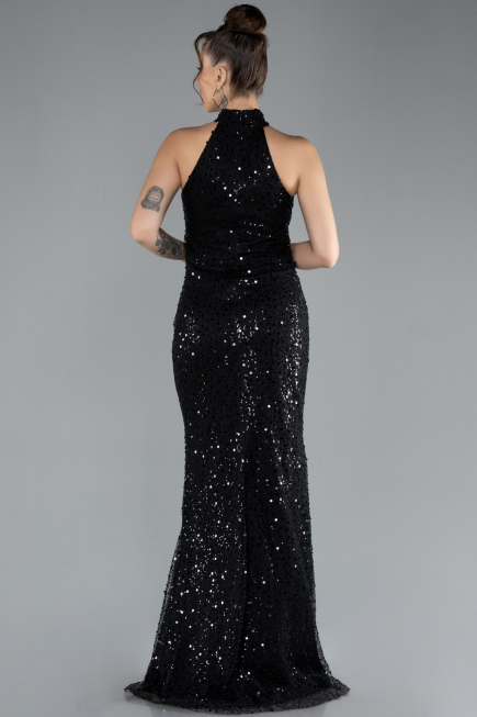 Black Halter Neck Slit Long Scaly Evening Gown ABU4376