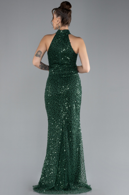 Emerald Green Halter Neck Slit Long Scaly Evening Gown ABU4376