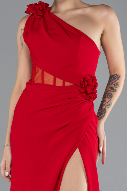 Red One Shoulder Slit Evening Gown ABU4381
