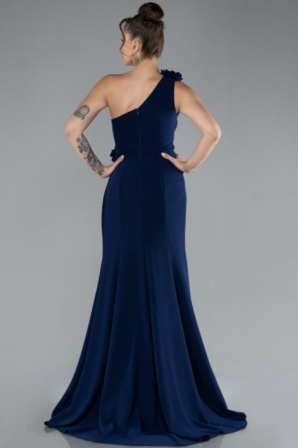 Navy Blue One Shoulder Slit Evening Gown ABU4381