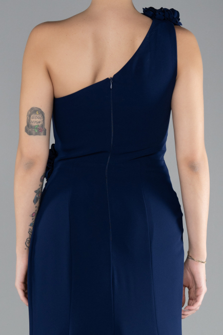 Navy Blue One Shoulder Slit Evening Gown ABU4381