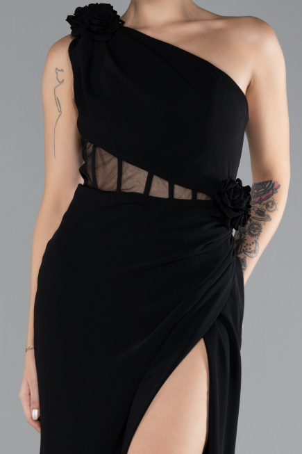 Black One Shoulder Slit Evening Gown ABU4381