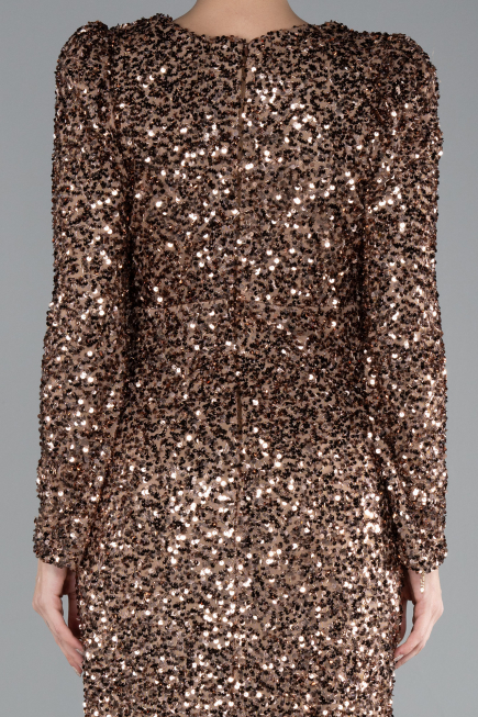 Copper Long Sleeve Slit Sequined Evening Gown ABU4329