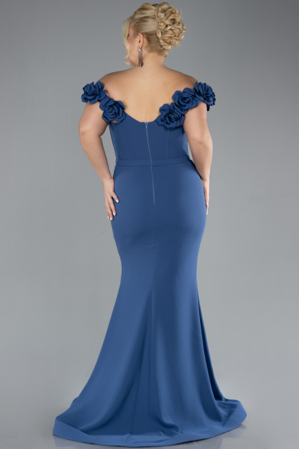Indigo Floral Boat Neck Slit Long Evening Gown ABU4387