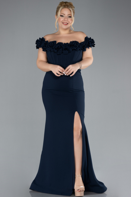 Navy Blue Floral Boat Neck Slit Long Evening Gown ABU4387