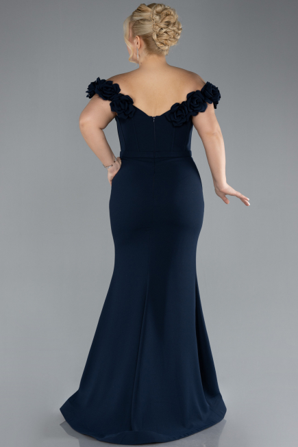 Navy Blue Floral Boat Neck Slit Long Evening Gown ABU4387