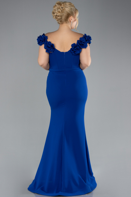 Sax Blue Floral Boat Neck Slit Long Evening Gown ABU4387