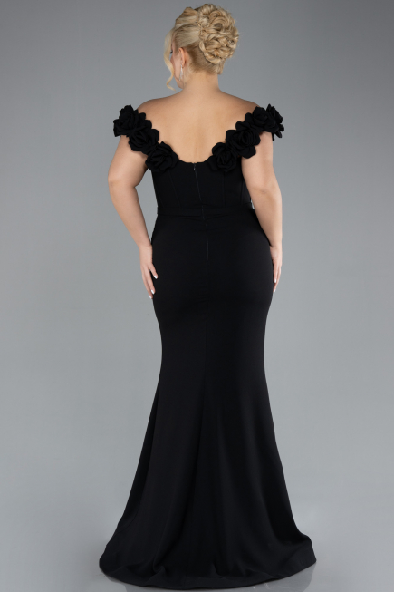 Black Floral Boat Neck Slit Long Evening Gown ABU4387