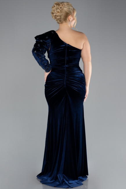 Navy Blue One Sleeve Slit Long Velvet Plus Size Evening Dress ABU4339