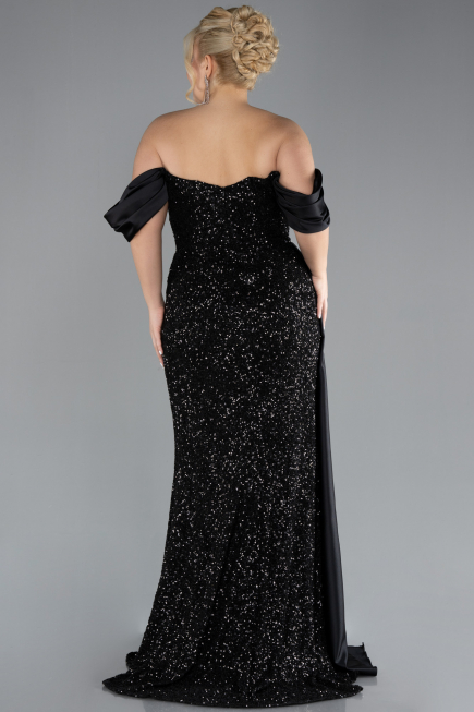 Black Boat Neck Long Sequined Plus Size Evening Gown ABU4086