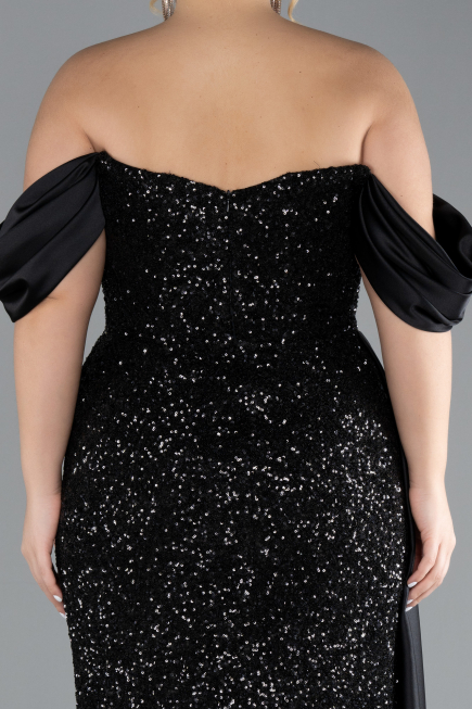 Black Boat Neck Long Sequined Plus Size Evening Gown ABU4086
