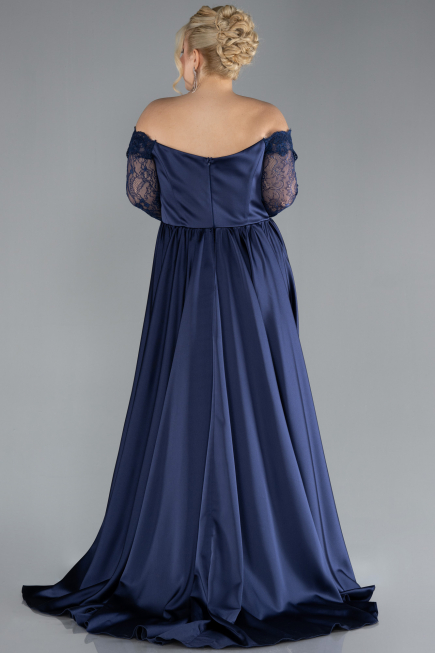 Navy Blue Laced Long Sleeve Slit Satin Plus Size Evening Dress ABU4348