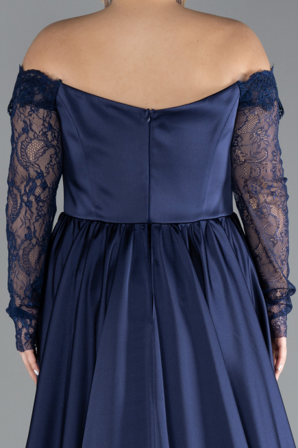 Navy Blue Laced Long Sleeve Slit Satin Plus Size Evening Dress ABU4348