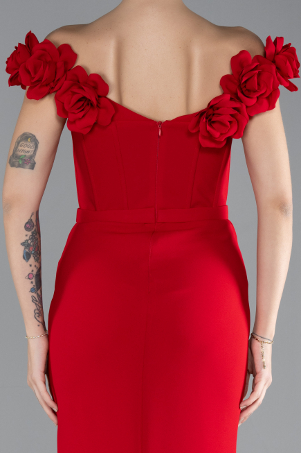 Red Floral Boat Neck Slit Long Evening Gown ABU4387