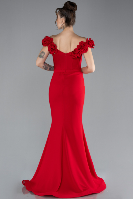 Red Floral Boat Neck Slit Long Evening Gown ABU4387