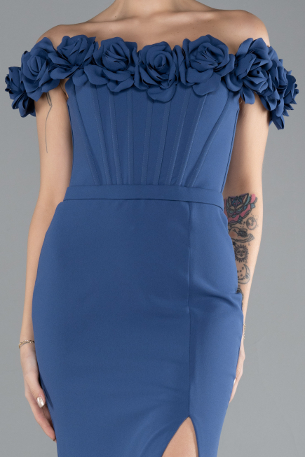 Indigo Floral Boat Neck Slit Long Evening Gown ABU4387