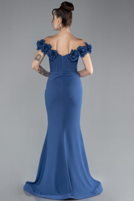 Indigo Floral Boat Neck Slit Long Evening Gown ABU4387