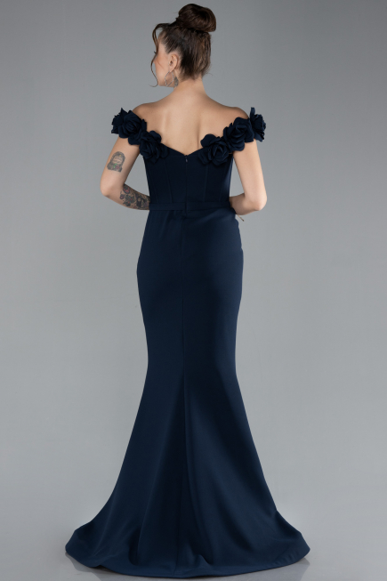 Navy Blue Floral Boat Neck Slit Long Evening Gown ABU4387