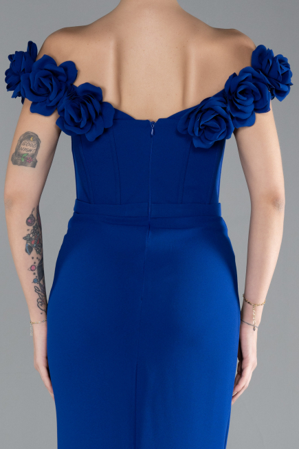Sax Blue Floral Boat Neck Slit Long Evening Gown ABU4387