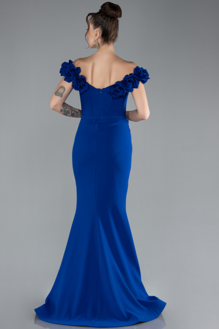 Sax Blue Floral Boat Neck Slit Long Evening Gown ABU4387