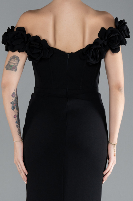 Black Floral Boat Neck Slit Long Evening Gown ABU4387