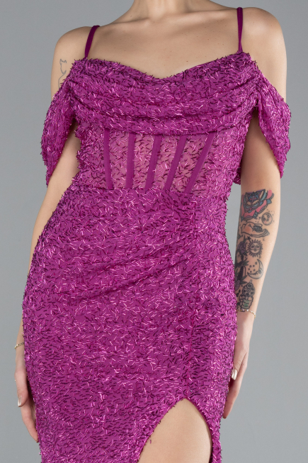 Fuchsia Slit Long Stone Prom Gown ABU4394