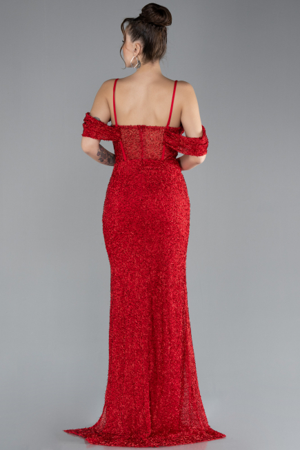 Red Slit Long Stone Prom Gown ABU4394