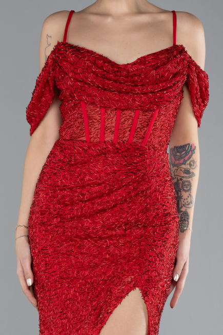 Red Slit Long Stone Prom Gown ABU4394