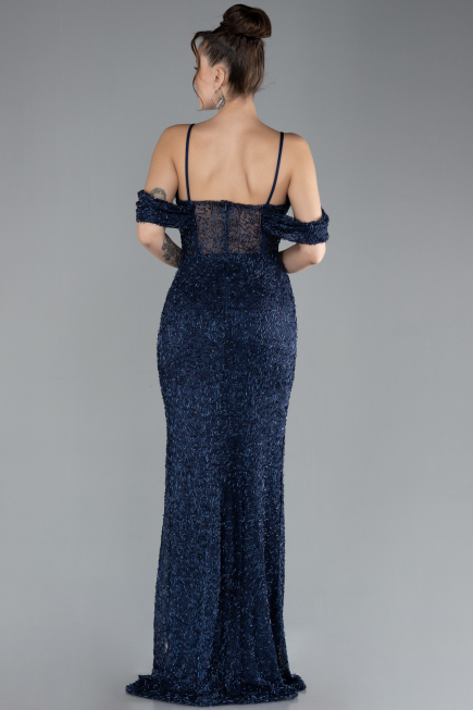 Navy Blue Slit Long Stone Prom Gown ABU4394