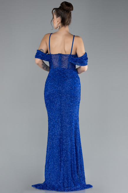 Sax Blue Slit Long Stone Prom Gown ABU4394