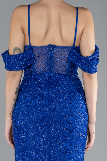 Sax Blue Slit Long Stone Prom Gown ABU4394
