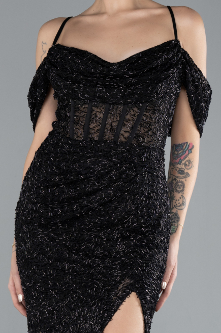 Black Slit Long Stone Prom Gown ABU4394