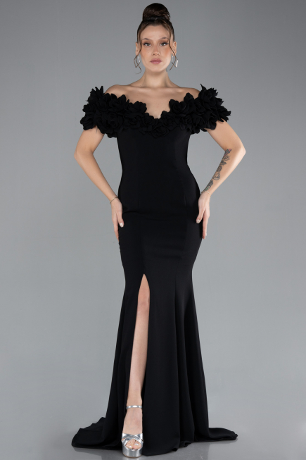 Black Boat Neck Slit Long Evening Dress ABU4080