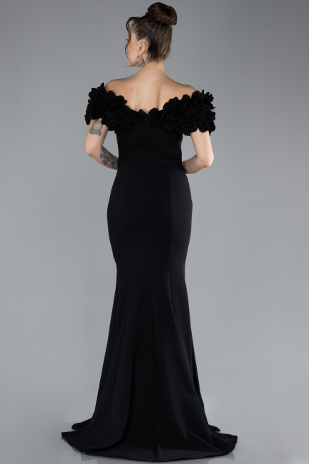 Black Boat Neck Slit Long Evening Dress ABU4080