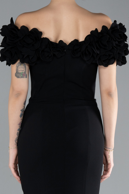 Black Boat Neck Slit Long Evening Dress ABU4080