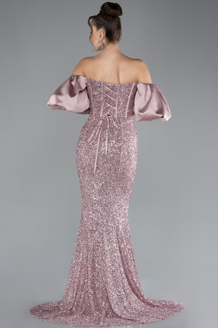 Powder Color Strapless Sleeve Accessories Long Scaly Evening Gown ABU4308