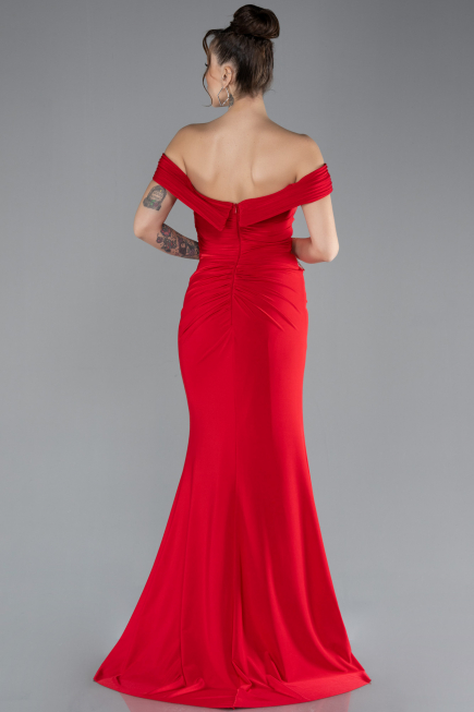 Red Boat Neck Slit Long Evening Gown ABU4400